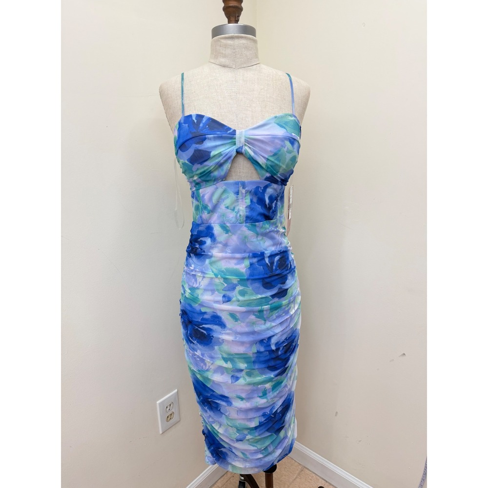 Emerald Sundae Bodycon Dress Women L New Floral Mesh Ruched Cutout Lace Up